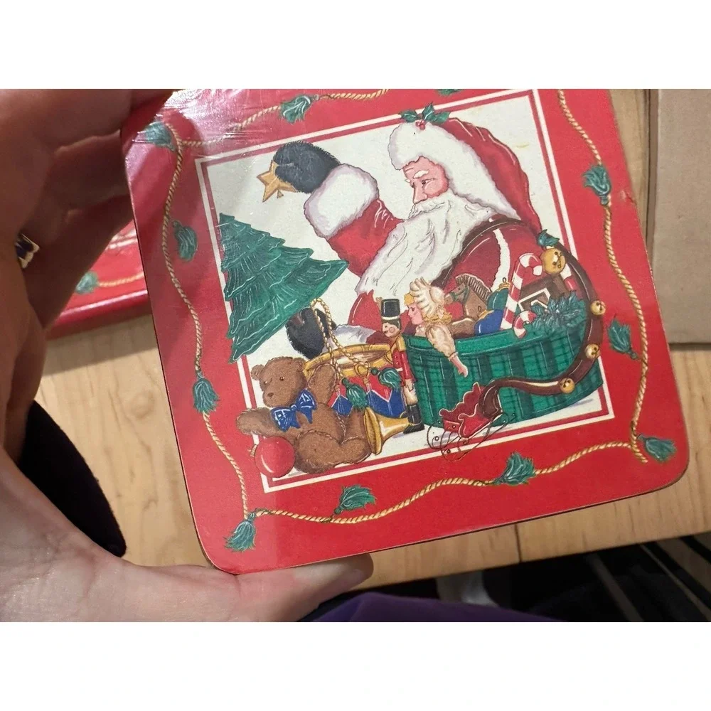 Holly Tree Christmas Santa Tray and Coaster Set Vintage Holiday Decor Red